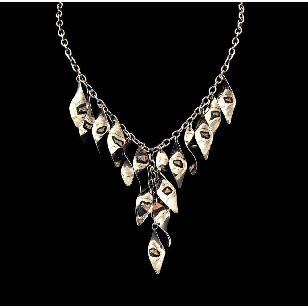 Gunmetal Silver-Tone Metal Waterfall Leaf Pendant Necklace With Chain